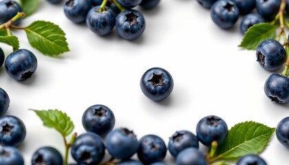 A close up of fresh blueberries with vibrant green leaves behind them, creating a pleasing visual contrast.
