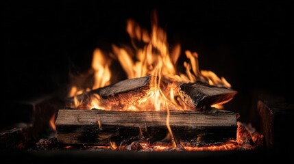 Warm fire burns brightly, logs glowing against black backdrop; soft focus