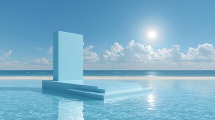 Obraz premium Blue stage on ocean, steps into water under sunny sky with clouds