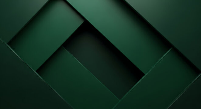 Dark green abstract background with overlapping geometric shapes and subtle shadows - Powered by Adobe