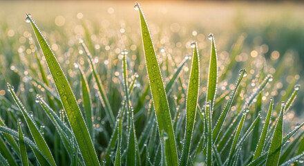 green grass covered with dew in the morning.
