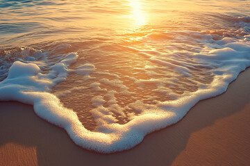 Ocean waves gently lapping a sandy beach at sunset, warm golden light, serene