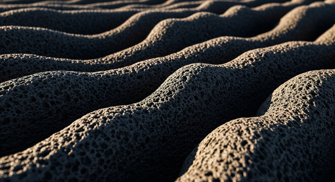 a series of wavy, textured, dark-colored stones. 