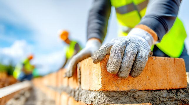 Close-up of a construction worker laying bricks, showcasing teamwork and craftsmanship in building projects.