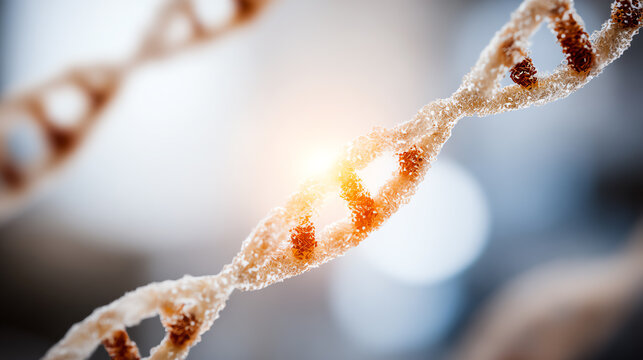 Close-up of a DNA molecule showcasing its intricate structure and glowing details, symbolizing genetic research and innovation.