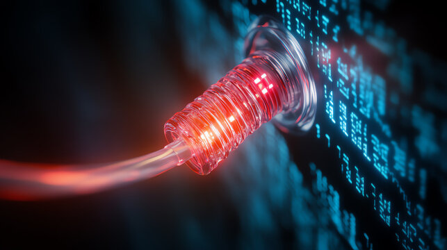 Close-up of a glowing data cable connected to a digital interface, showcasing the fusion of technology and data transmission.