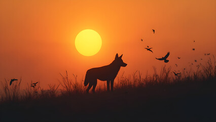 Mysterious silhouette of a coyote at sunset. Ultra-realistic nature photography. Lone coyote silhouette on a ridge. Captivating wildlife images.