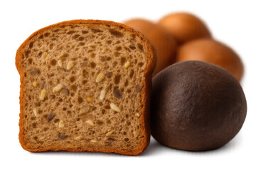 Slice of whole grain bread with seeds, dark bun and brown eggs contrasting on transparent background