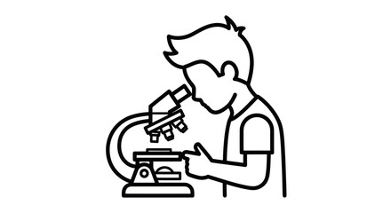 Young person looking through a microscope in a scientific illustration.