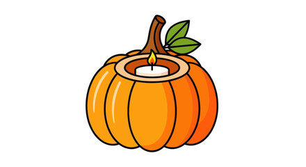 Vibrant Orange Pumpkin Candle Holder with Lit White Candle and Green Leaves Illustration.