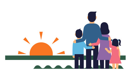 Family of Five Standing Together Watching Sunset Embracing.