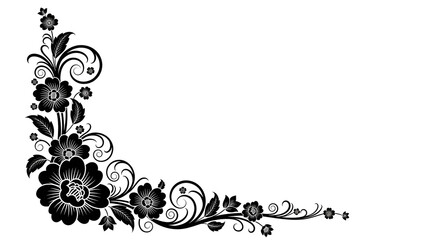 Elegant Black Floral Corner Border Vector | Decorative Swirl Flower Frame Design

