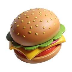 Hamburger on a white background. A mouth-watering 3D hamburger. A meticulously detailed 3D model of a classic hamburger with a sesame casing, fresh lettuce, cheese, and a meat patty.