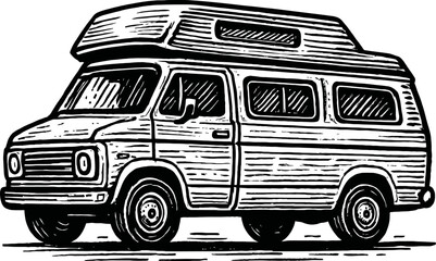 Vintage Camper Van With Pop Top Roof parked outdoors black and white line drawing illustration
