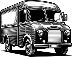 A black and white line drawing illustration of a vintage delivery van, showcasing a retro vehicle design with a detailed outline. This graphic art represents classic transport and commercial service.