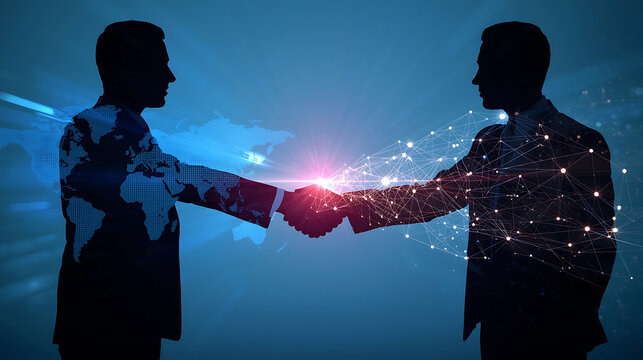Global business partnership handshake connecting continents with digital technology and international trade and agreements - Powered by Adobe