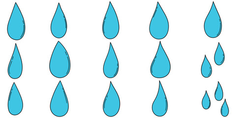 Hand-drawn cartoon set of blue drops of water on a white background.