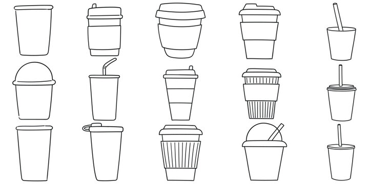 Hand-drawn doodle set of disposable cups on a white background.