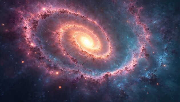 Vivid spiral galaxy with bright core glows in deep space. Nebula clouds swirl with stars creating cosmic atmosphere. Outer space view with colorful gas and dust.