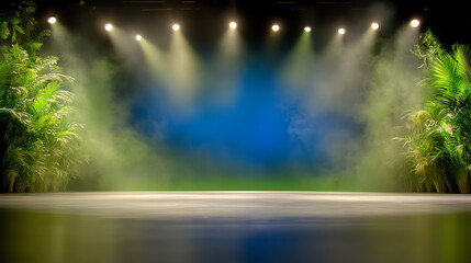 Dramatic stage setup with vibrant lights, fog, and lush greenery, perfect for theatrical performances or artistic showcases.