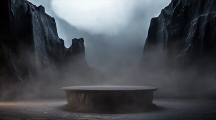 Studio background with smoky podium and concrete, designed for displays, social media, and professional visuals.