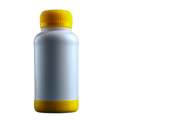 White plastic bottle with yellow cap and base, blank label isolated on transparent background