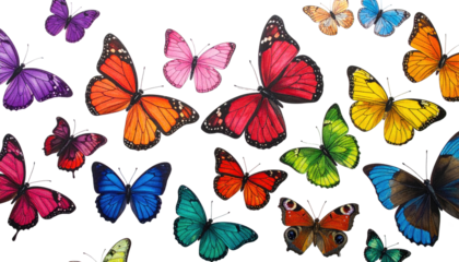 A vibrant collection of colorful butterflies, digitally illustrated against a black backdrop