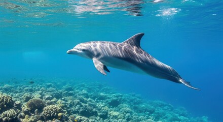A dolphin swimming in clear blue water with a colorful coral reef in the background.