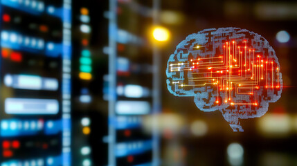 Futuristic digital brain with circuit patterns illuminated against a backdrop of server racks, symbolizing artificial intelligence.