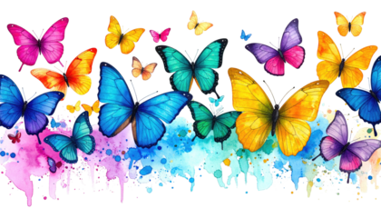 A vibrant watercolor artwork showcasing colorful butterflies flying above a splash of vivid paint