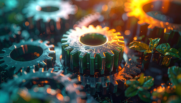 Mechanical Symbiosis: An innovative image showcasing intricate metal gears integrated with lush natural elements, symbolizing the dynamic interplay between technology and the environment.