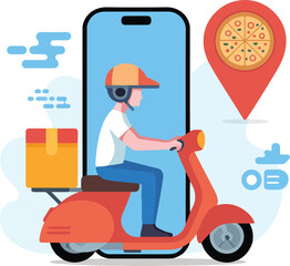 Pizza delivery scooter vector illustration with map location pin and gift box, fast courier service concept
