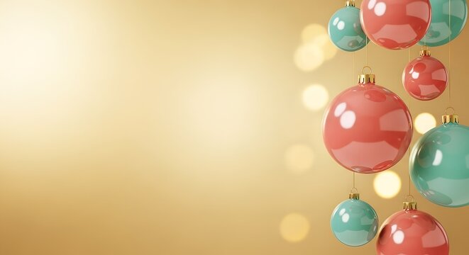 Bright Christmas baubles hanging on a gradient golden background copy space