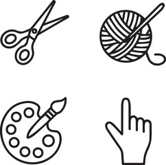 Creative art and craft tools line icons set with scissors, yarn, paint palette and hand pointer