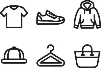 Minimal fashion and clothing line icons set with t-shirt, sneakers, hoodie, hat, hanger and bag