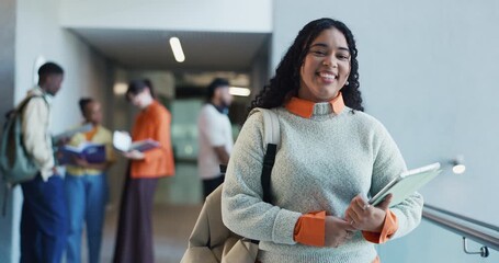 Happy, college and face of woman in hallway ready for learning, education and knowledge. University, school and portrait of student with books, confidence and studying for scholarship on campus