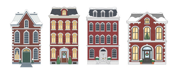 Naklejka premium Snowy brick townhouses in flat illustration isolated vector on white background