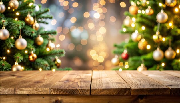 Festive holiday celebration table cozy indoor setting wood surface christmas trees warm bokeh lights family gathering cheerful atmosphere for memorable moments