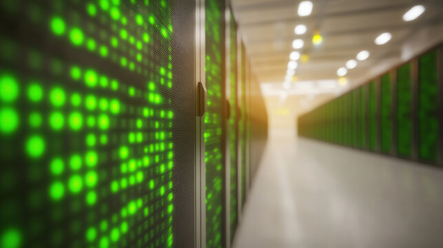 Modern data center with rows of servers and illuminated green lights, symbolizing advanced technology and digital infrastructure.