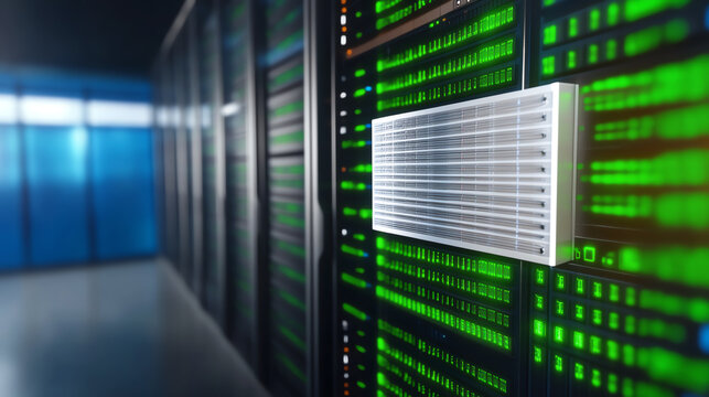 Modern server room showcasing data storage technology with vibrant green displays and sleek hardware, symbolizing innovation and efficiency.