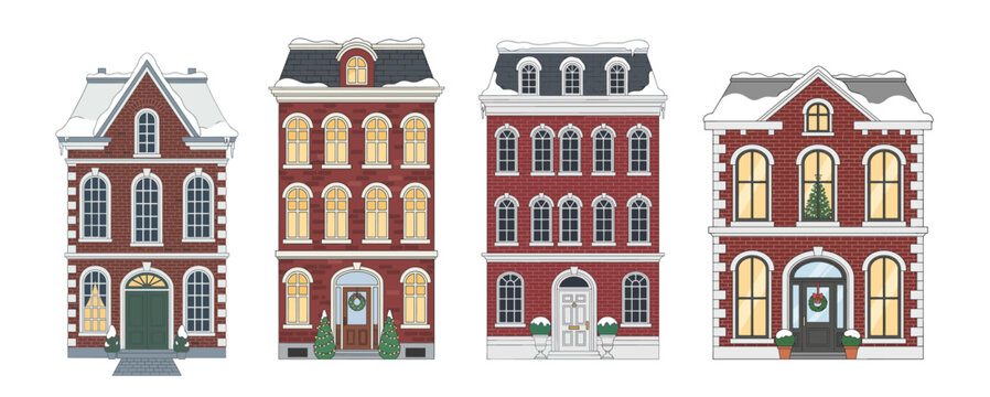 Snowy brick townhouses in flat illustration isolated vector on white background