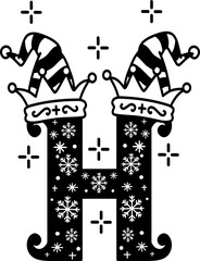 Christmas Silhouette Snowflake with Elf Hat Uppercase Font H