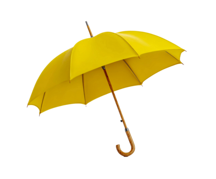 Bright yellow open umbrella with classic wooden crook handle isolated on transparent background