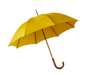 Classic bright yellow open umbrella with curved wooden handle isolated on transparent background