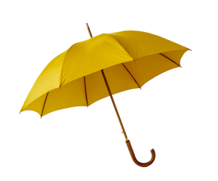Classic bright yellow open umbrella with curved wooden handle isolated on transparent background