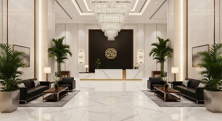 Experience luxury with this inviting hotel lobby featuring marble floors, a stunning chandelier, and comfortable seating for a memorable stay