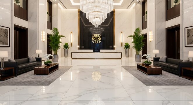 Experience the luxury of a sophisticated hotel lobby with marble floors and elegant seating creating an inviting and professional atmosphere