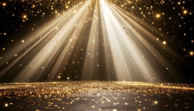 Dazzling light show illuminating golden confetti particles on a dark stage capturing a spectacular moment for events and celebrations
