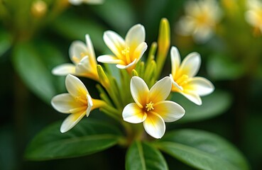 Fototapeta premium Close-up of vibrant yellow, white honeysuckle blossoms in rich green garden setting. Sunlight illuminates delicate flower petals on this summer day. Image showcases natural beauty, floral elegance.