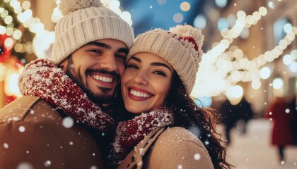 Couple embracing in snowy winter wonderland romantic holiday setting joyful emotions cozy urban environment close-up viewpoint love and togetherness concept for seo impact